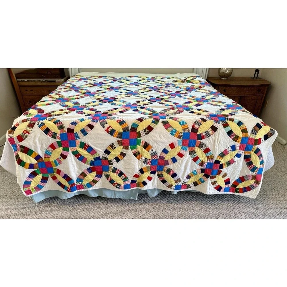Vintage Handmade Colorful Floral Scrap Pink Double Wedding Ring Full Quilt 80x90